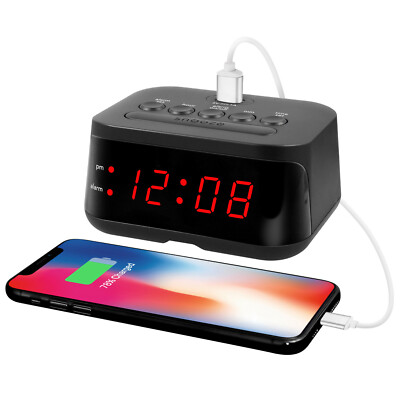 Mainstays DIGITAL ALARM CLOCK /USB Charging Port RED LED DISPLAY Battery Back-up-image