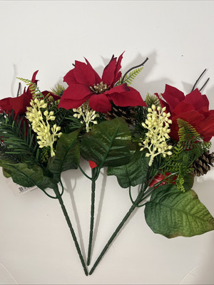 Lot Of 3 Red Poinsettia Mix Pick Artificial Flowers 12 Inch Decor NWT-image