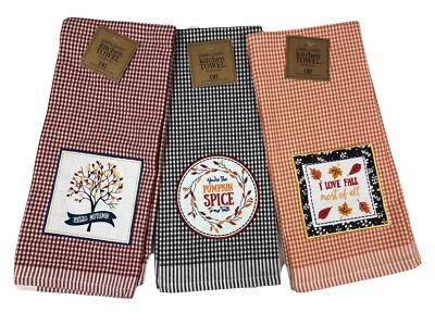 Design Imports Autumn Farmhouse Gingham Fall Embroidered Kitchen Dishtowel Set 3-image