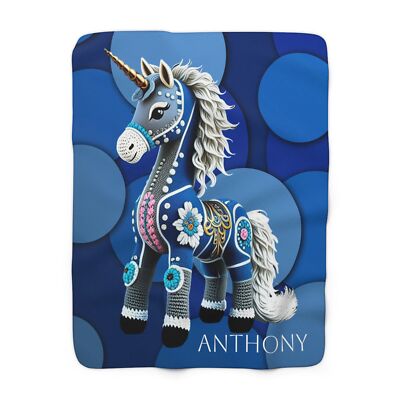 Sherpa Fleece Blanket, Colorful Blue Unicorn Crochet Horse Geometric Background,-image