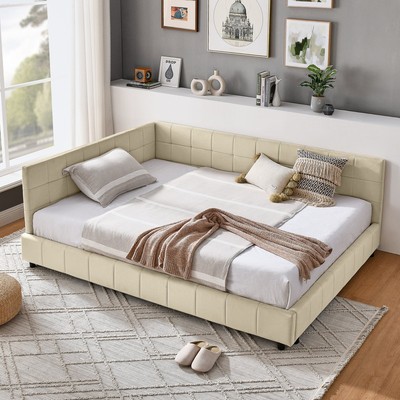 Full Size Beige Velvet Upholstered Bed Frame with Armrests-image