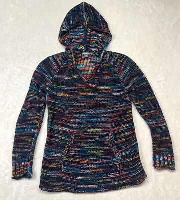 Eddie Bauer Knit Hoodie Women’s sz S Multicolor V-Neck Cozy Pullover Pocket Boho-image
