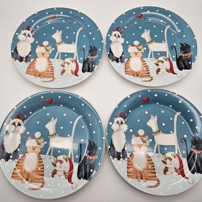 Pier 1 Imports Christmas Snow Cats 9” Ironstone Ceramic Luncheon Plates Set Of 4-image