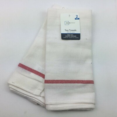 Mainstays Tea Towels Kitchen Hand 2 Pack White Red Stripe Casual Home Use-image