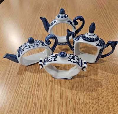 Pier 1 Imports Tea Time Porcelain Blue White Teapot Napkin Rings Holders Set/4-image