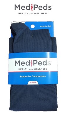 Medipeds Unisex Over The Calf Mild Compression Navy Socks Large 2-Pack-image