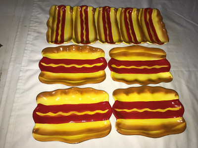 Rare 5pc DESIGN IMPORTS Hand Painted 3D HOT DOG Bun DISH Set PLATTER Plate 14½