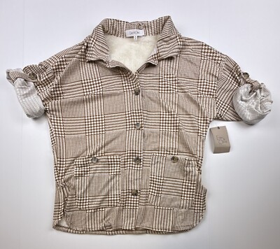 Eden & Olivia Button Top Medium Fleece Lined 3/4 Roll Tab Sleeve Houndstooth-image