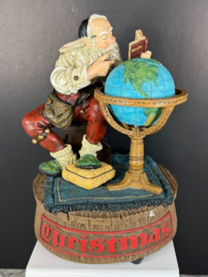 Vintage 1998 Norman Rockwell Christmas Santa Globe Wind-Up Music Box Figurine-image
