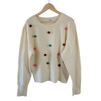 89th + Madison Ivory Pom Pom Pullover Sweater Sz XL Minimalist Cozy Rainbow Soft-image