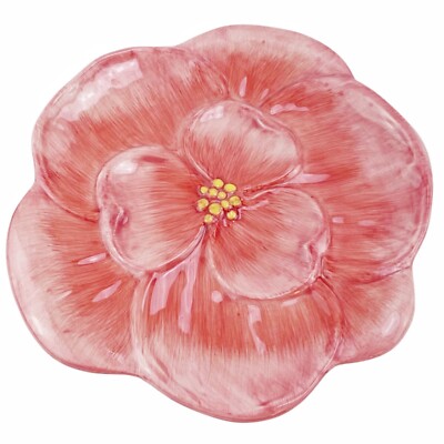 Pier 1 Imports Dolomite Salad Plate Pink Poppy Hibiscus Flower Figural Accent 9”-image