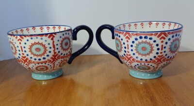 Pier 1 'Lily' design hand-painted pretty vintage Boho Mugs, set of 2-image