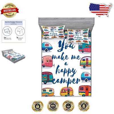 3-Piece Microfiber Queen Bedding Set with Retro Caravans Print - Stylish Comfort-image