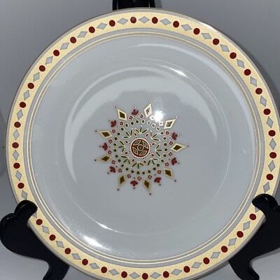 Pier 1 NORDIC SNOWFL AKES Holiday Christmas Dessert Plate Red Green Gold 7.5”-image