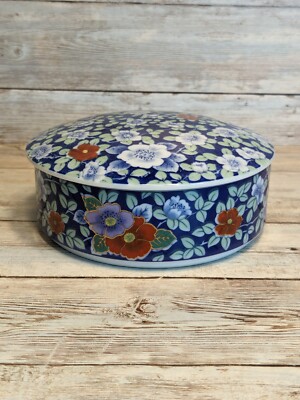 Vintage Porcelain Floral Trinket Box Pier One Imports Made in Japan Blue Orange -image