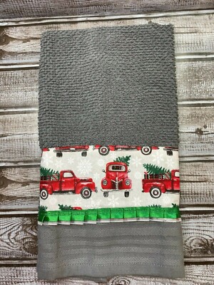 Gray Mainstays Kitchen Hand Towel Red Farm Truck Christmas Green Ribbon Trim -image
