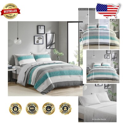 Striped California King Bedding Set - 7-Piece Microfiber Comforter & Sheet Set-image