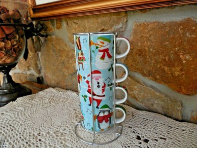 NEW PIER1 IMPORTS STACKING CHRISTMAS MOTIF COFFEE CUPS MUG METAL HOLDER-image