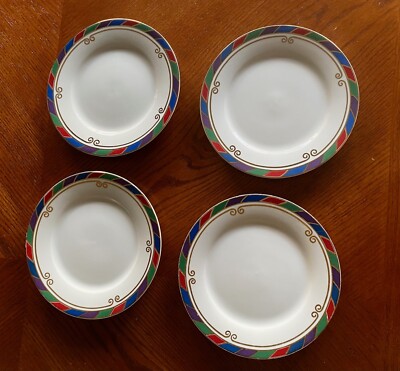 FOUR Pier 1 Celebration  Plates Red Green Blue Gold Bands 10/5