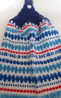 BLUE Yarn Crochet Top  RED WHITE BLUE STRIPES Print Cotton Kitchen Towel-image