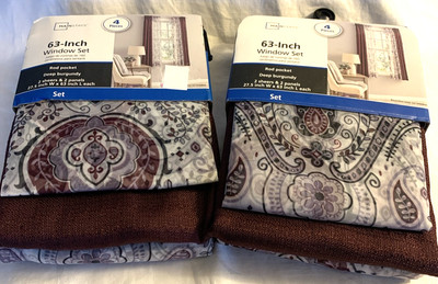 NEW 2 Window Curtain Sets 4 Panels and 4 Sheers Burgundy Gray 63