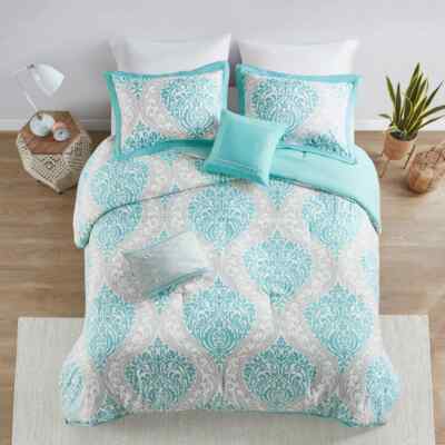 NEW! ~ COZY CHIC MODERN  LIGHT AQUA BLUE GREY STRIPE CHEVRON COMFORTER SET NEW-image