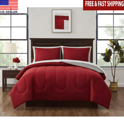 Red Reversible 7-Piece Bed in a Bag Comforter Set Queen Shams Pillowcases New-image