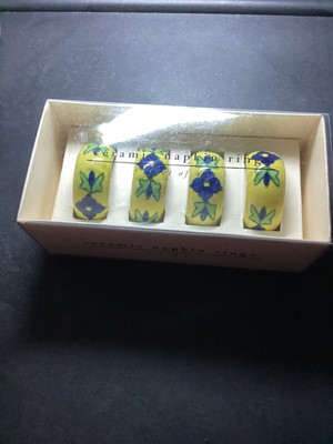 Pier One Ceramic Napkin Rings Set of 4 yellow with blue designs NIP 520/5207-image
