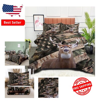 Camo Deer Bedding Set for Full Beds - American Flag Comforter & 2 Pillowcases-image