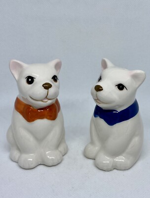 Set of White Ceramic Bulldog Salt & Pepper Shakers Sporting Red & Blue Bow Ties-image