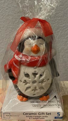 Mainstays Penguin Ceramic Gift Set Warmer Red/White/Black w/4 Tea Lights NEW-image