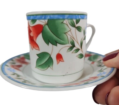 6 x Aramco Imports Demitasse  Cups Saucers Orange Floral Design Excellent Japan-image