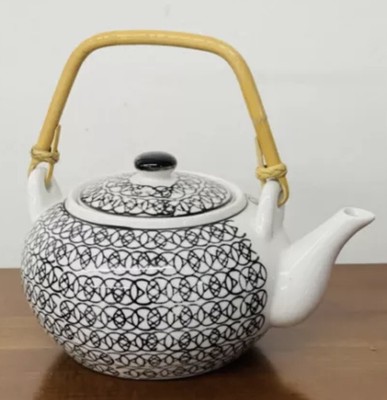 Pier 1 Teapot Kettle Black White Geometric Design Ceramic Bamboo Handle Decor-image