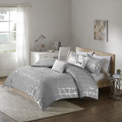 FUN COZY MODERN CHIC GREY SILVER METALLIC CHEVRON GIRL STRIPE COMFORTER SET -image