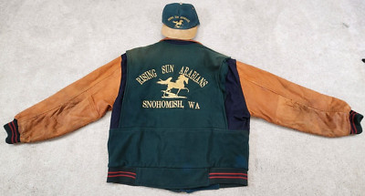 Vintage Western bomber Jacket Wool Leather Blend Arabian horses workwear Medium-image