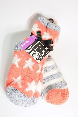 Coral Peach Grey Stone Star Fuzzy Soft Cozy Socks (Women's Size 6-10.5)  2 Pairs-image