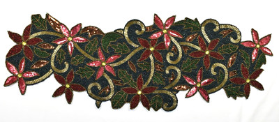 Pier 1 One Beaded Christmas Holly Poinsettia Floral Scroll Table Runner 13x35.5-image