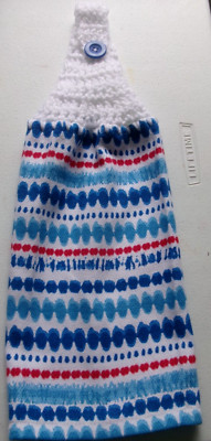 WHITE Yarn  Crochet Top RED WHITE BLUE Print Cotton Kitchen Dishtowel-image