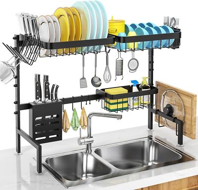 Over The Sink Dish Drying Rack Adjustable Length 2 Tier with Multiple Baskets-image