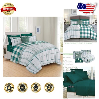 Cozy Microfiber Lodge Plaid Comforter Set with Double Sided Pockets - Sage-image