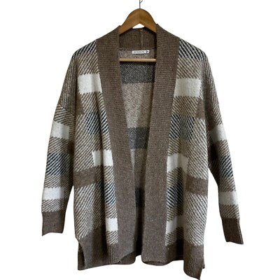 Staccato Plaid Cardigan Sweater Open Front Knit Duster Cozy Brown Size S-image