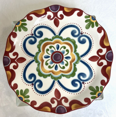 Pier 1 Imports “Global Medallion” 9” Salad Plate, Red Blue Green Boho Ironstone-image