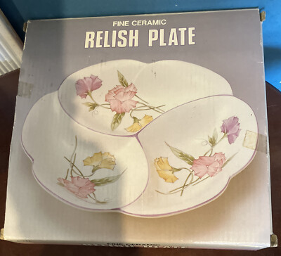 Jay import Vintage 10.5” Three Part Sectional Relish /veggie dish Floral Design-image