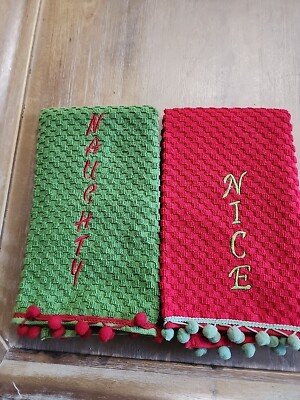  Pier 1 Imports Kichen Towel Set waffle design Naughty Nice Embroidered RedGreen-image