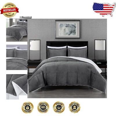 All-Season King Comforter Set with Micromink & Sherpa - 3-Piece Elegance in Gray-image