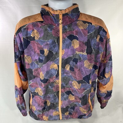 VTG Reebok Jacket Mens Small Packable Hood Abstract Zip Windbreaker Nylon 90s-image