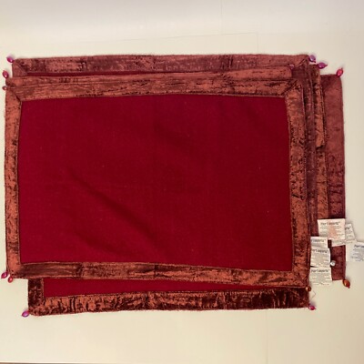 Pier One Wool Blend Fabric Placemats ~14x20 Set of 6 Beaded Corner Bead Boho Red-image
