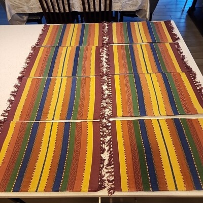 Pier 1 Imports PLACEMATS Red Orange Fiesta Stripe Multicolor Fringe SET OF 8-image