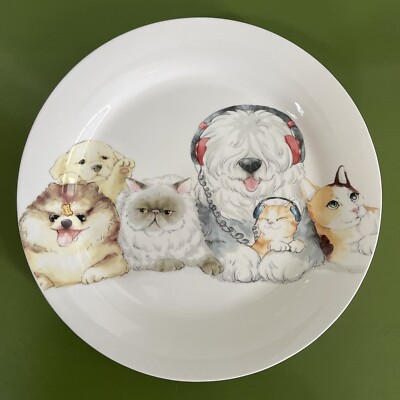 Pier 1 Ironstone Salad Lunch Plate Rock and Roll Animals Cats Sheepdog 8.5”-image