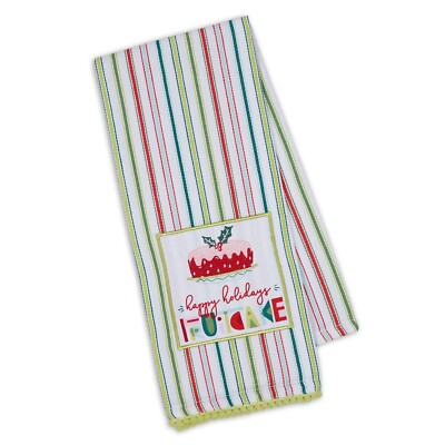 Striped Cotton Kitchen Dish Towel - Happy Holiday Fruitcake 18x28 NEW-image